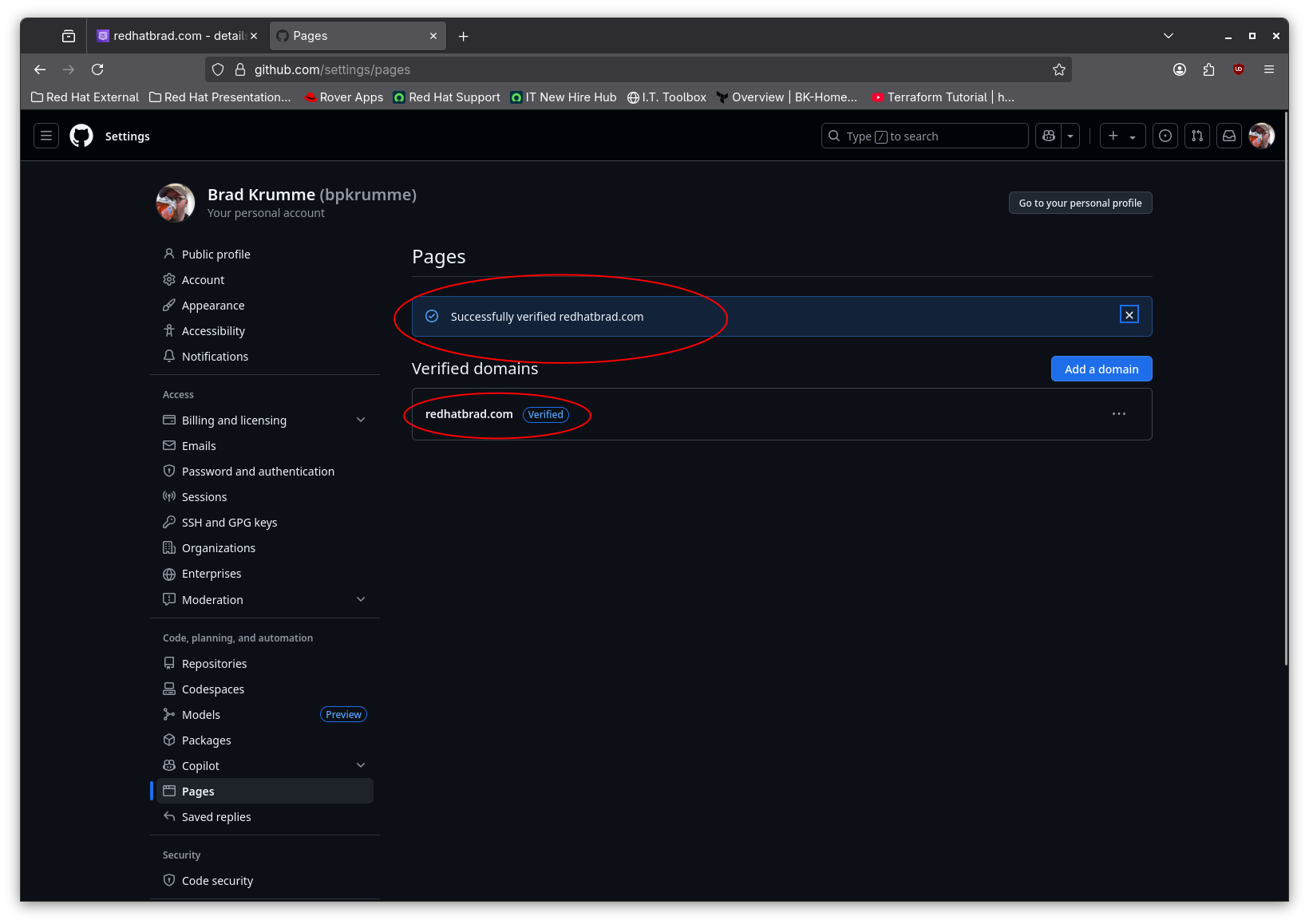 Screenshot of verified domain