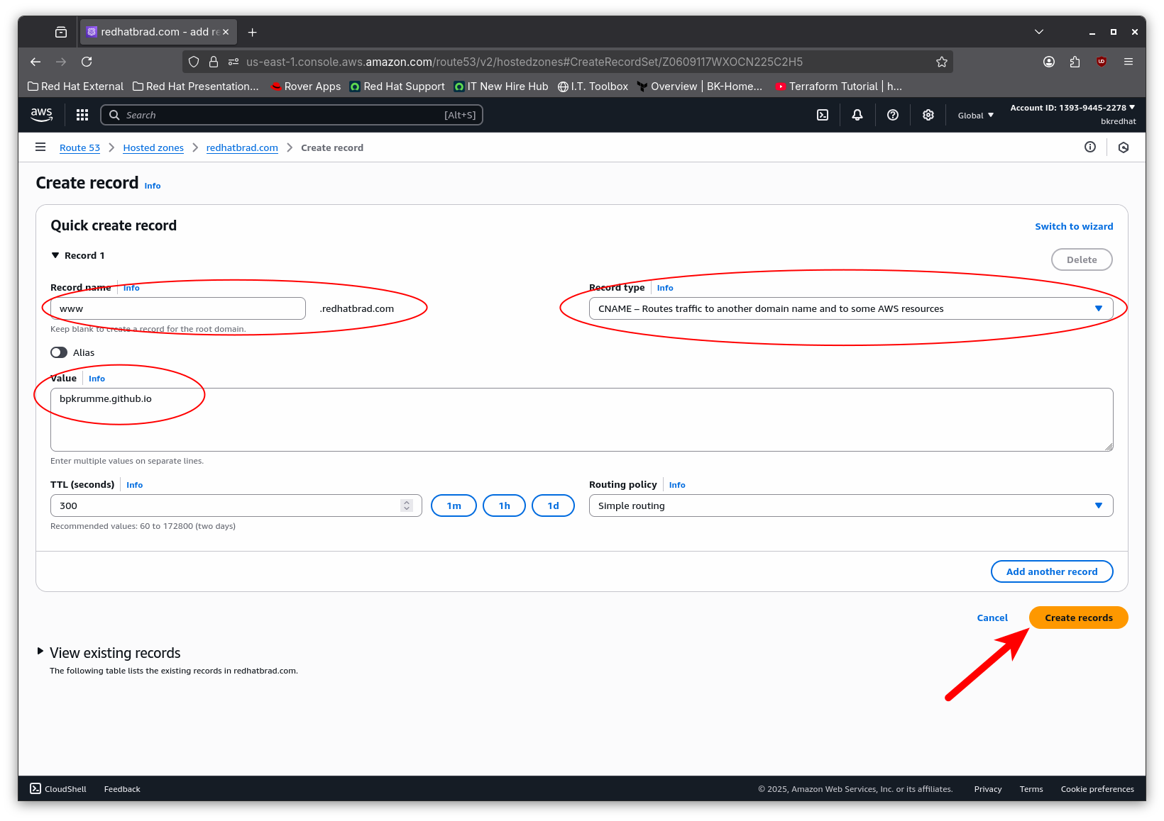 Screenshot of CNAME record creation