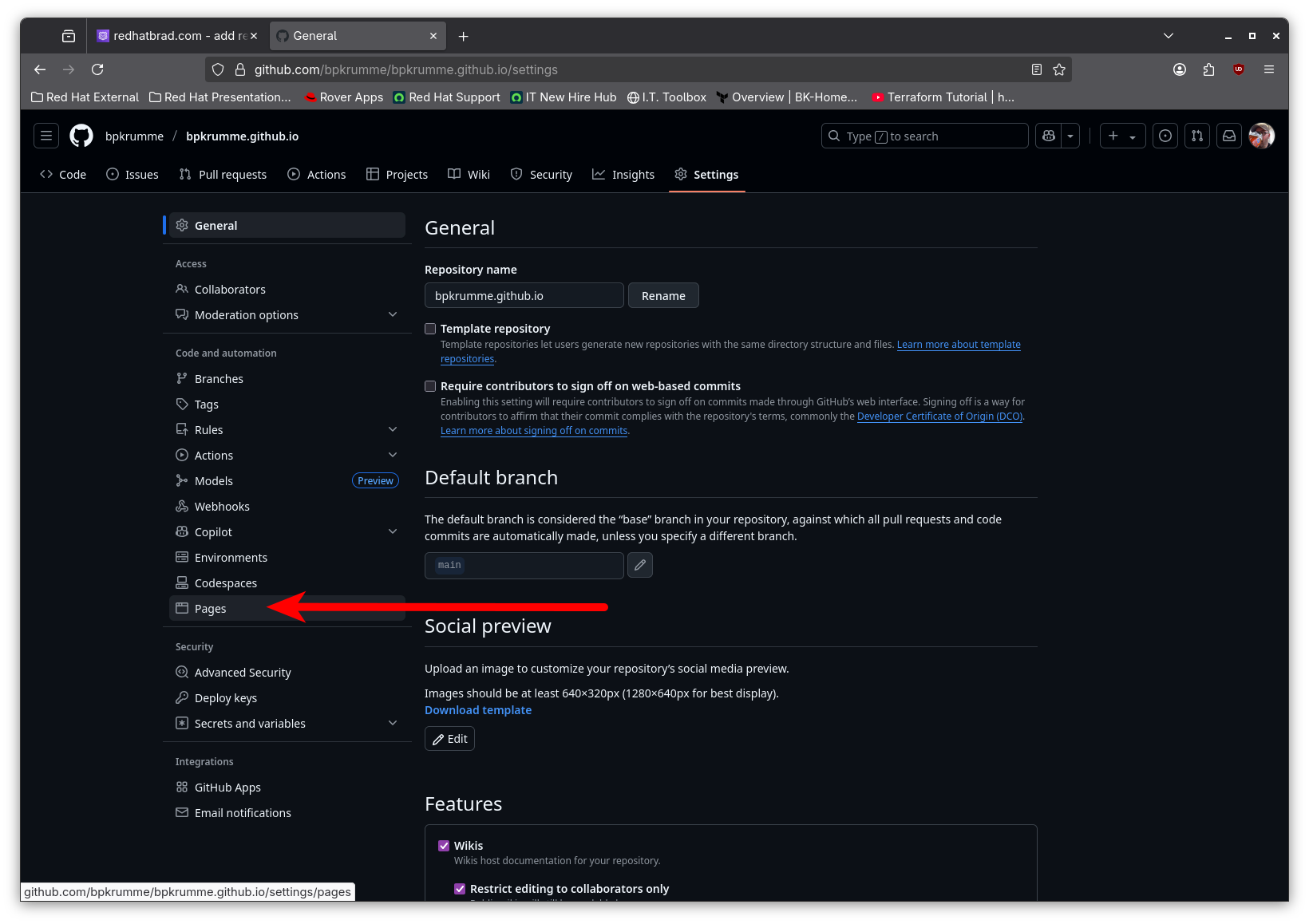 Screenshot of pages repo settings