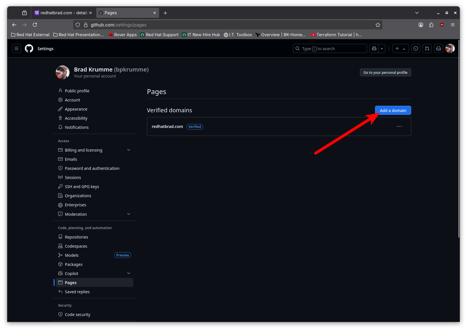 Screenshot of GitHub Pages Add Domain Button