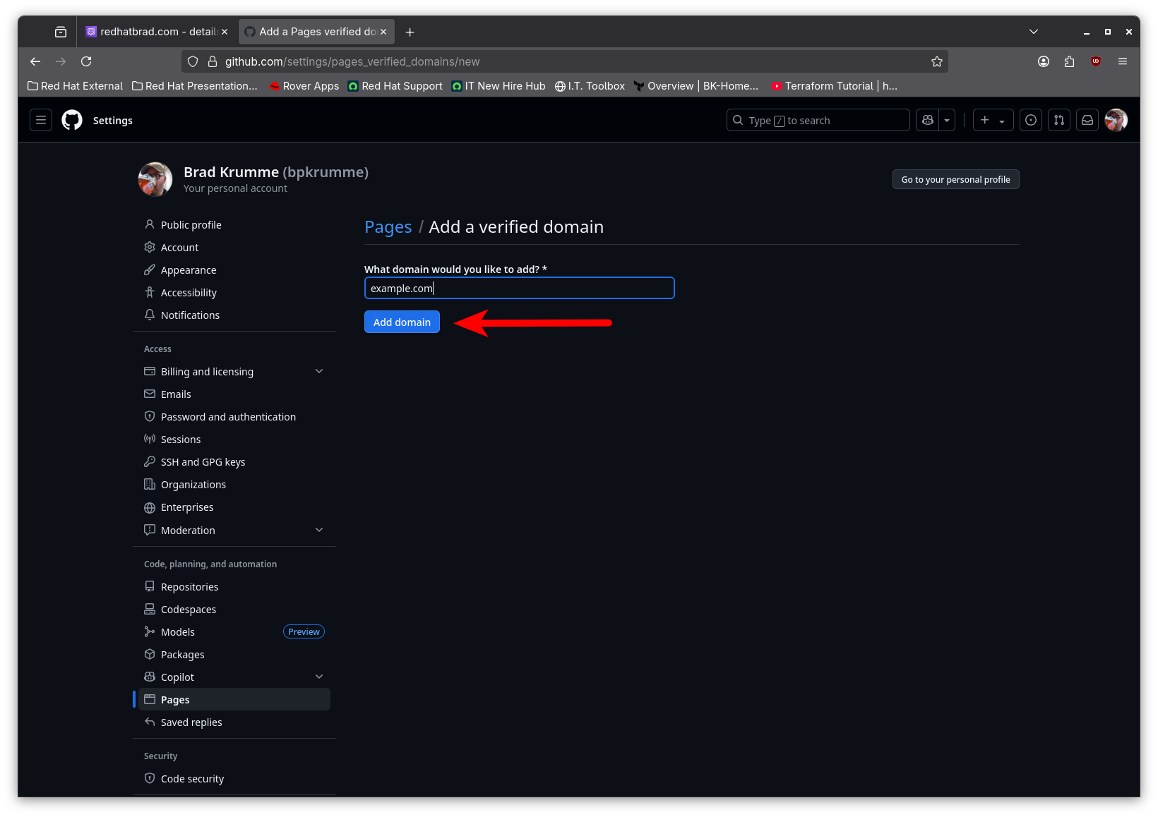 Screenshot of Adding domain name to verify